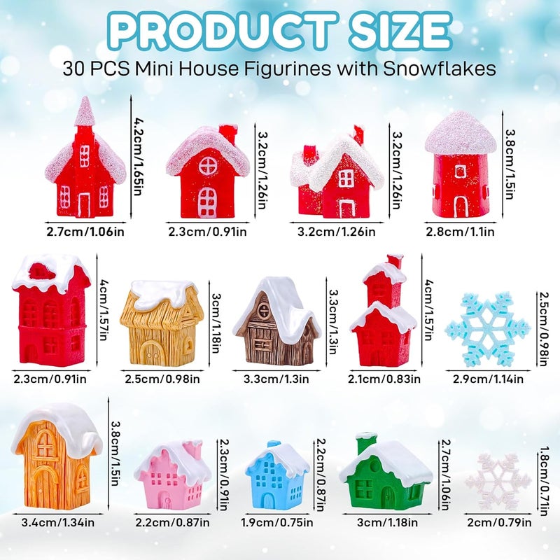 Feivando 30 Pcs Christmas Mini Village House Figurines with Snowflakes Tiny Little Winter House Miniature Figures for Holiday Crafts Garden Micro Landscape Home Table Decor - Image 2